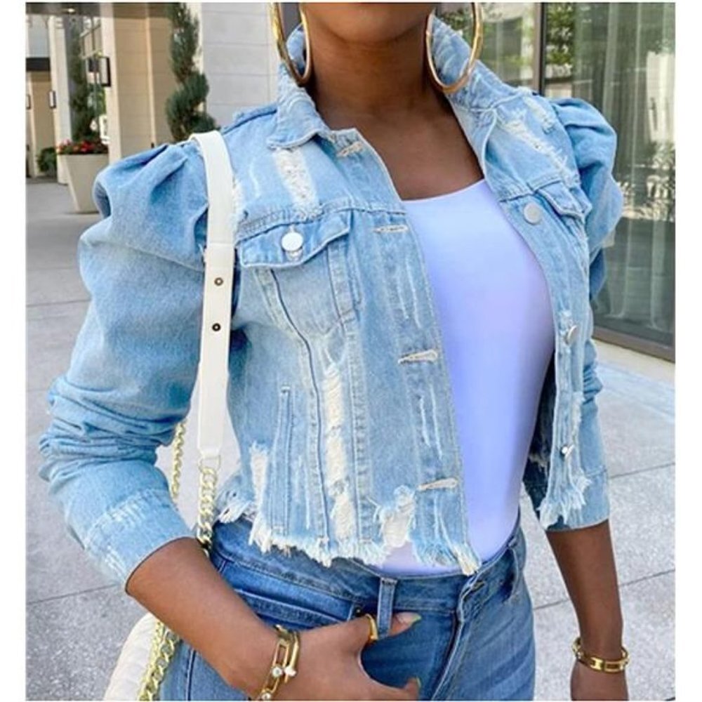 Light Wash Denim Jacket Puff Sleeve Distressed Blue Denim Cropped Jackets Top - Picture 2 of 5